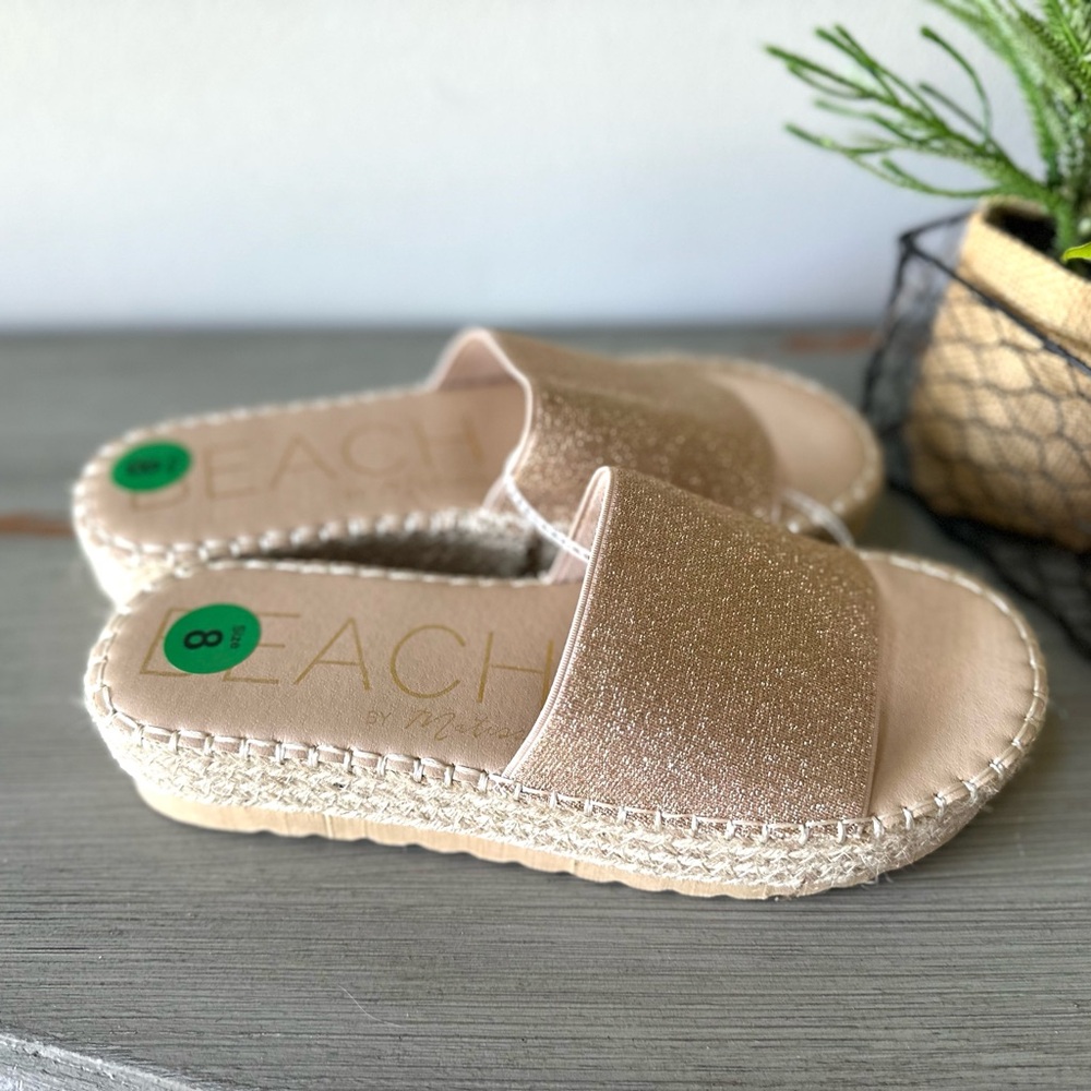 BEACH by Matisse Gold and Tan Slide Sandals with Glitter gold stretch Strap